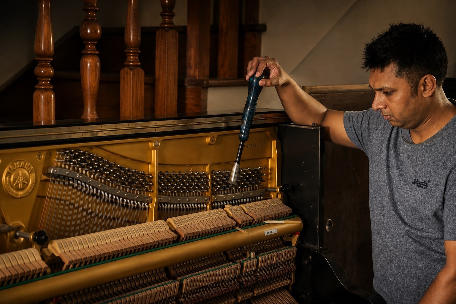 GMA piano technician working inside an upright piano